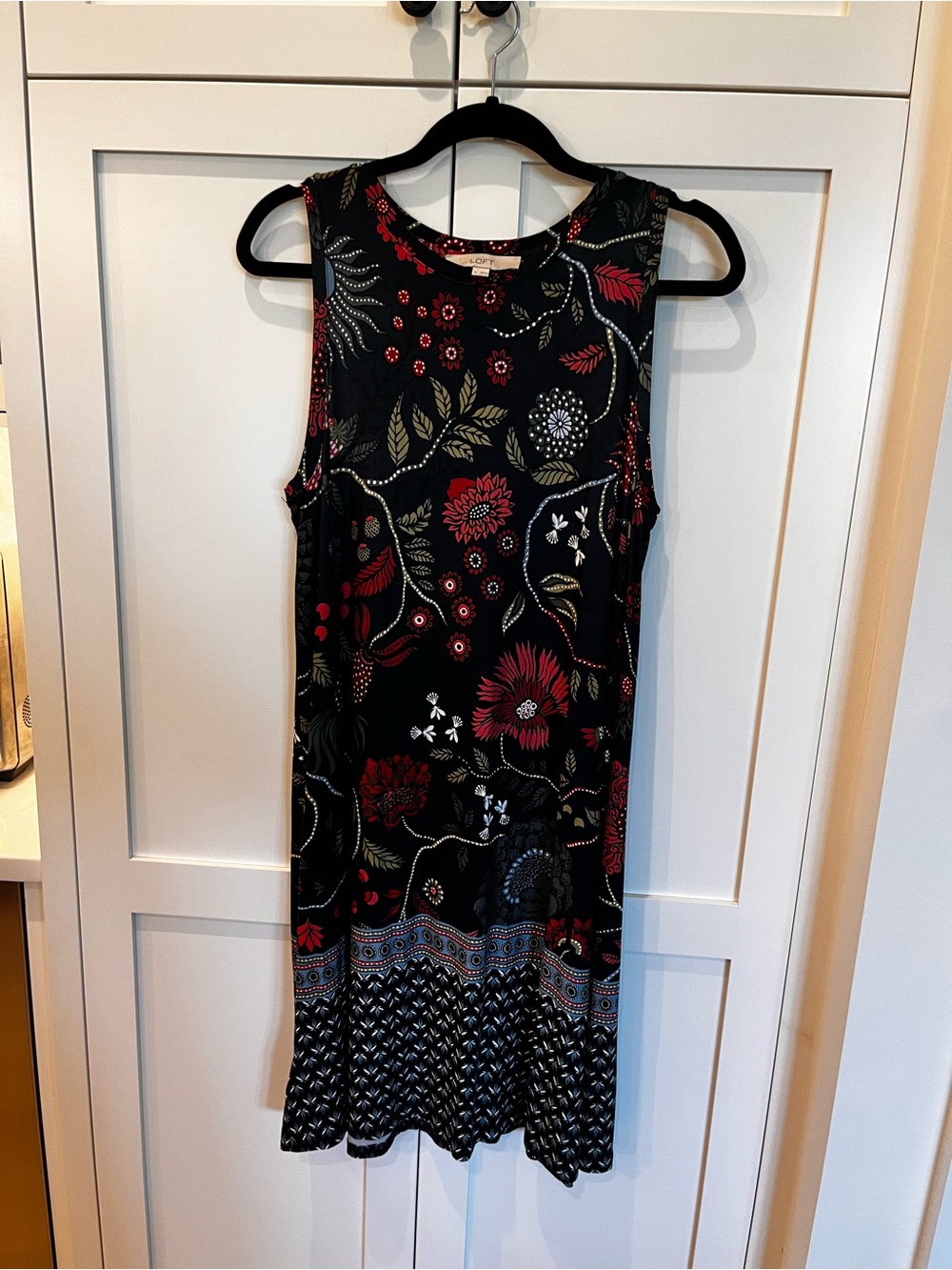 LOFT Navy Sleeveless Midi Dress with Red & Cream Floral Print